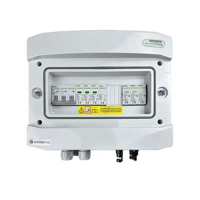 PV switchboard connectionDCAC hermetic IP65 EMITER with DC surge arrester Noark 1000V type 1+2, 1 x PV chain, 1 x MPPT // limit.AC Noark type 1+2, 10A 3-F