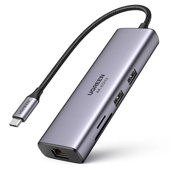 7w1 daudzfunkcionāls USB-C centrmezgls — 2x USB HDMI 4K SD un TF karšu lasītājs USB-C RJ45 1Gbps pelēks