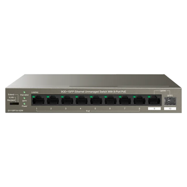 8 Gigabit PoE portok váltása, 1 x RJ45 Gigabit Uplink, 1 x SFP Gigabit Uplink – IP-COM G1110PF-8-102W