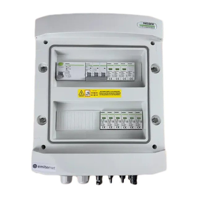 PV switchboard connectionDCAC hermetic IP65 EMITER with DC surge arrester Noark 1000V type 2, 2 x PV chain, 2 x MPPT // limit.AC Noark type 2, 25A 3-F, RCD 40A/300mA