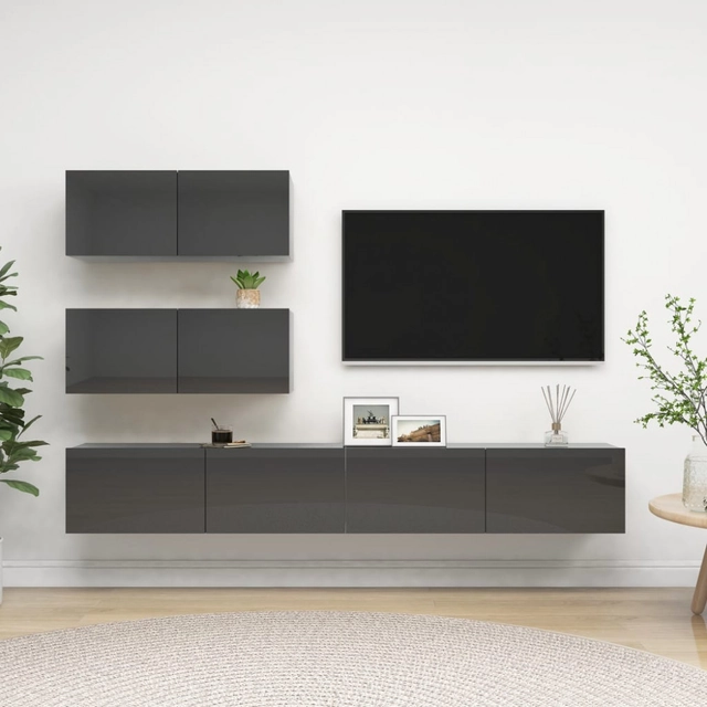 4-piece high-gloss gray chipboard TV cabinet set