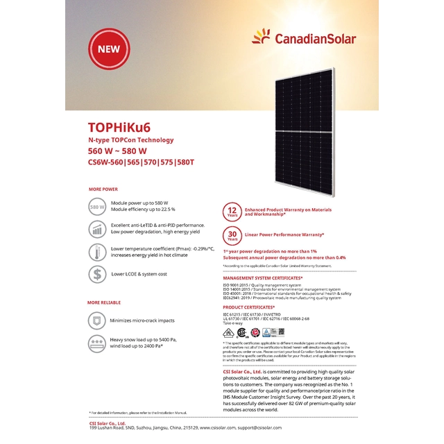 Photovoltaic module PV panel 560Wp Canadian Solar CS6W-560T N-TopHiKu6 N-Type Silver frame
