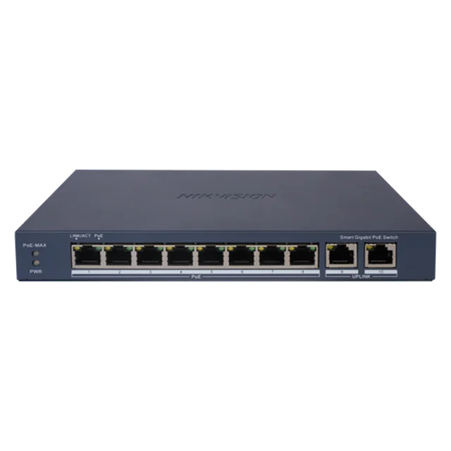 Switch 8 Gigabit PoE ports, 2 Gigabit ports, Smart Management - Hikvision DS-3E1510P-EI