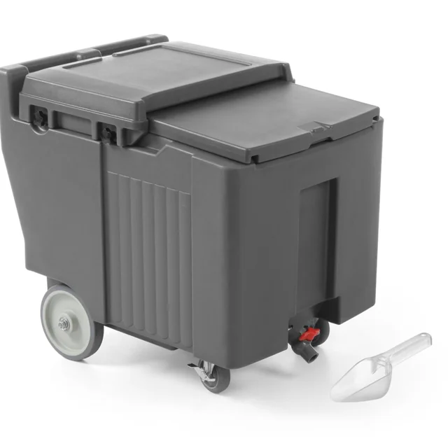 Thermal insulating thermos container for transporting ice, mobile on wheels, capacity 110L