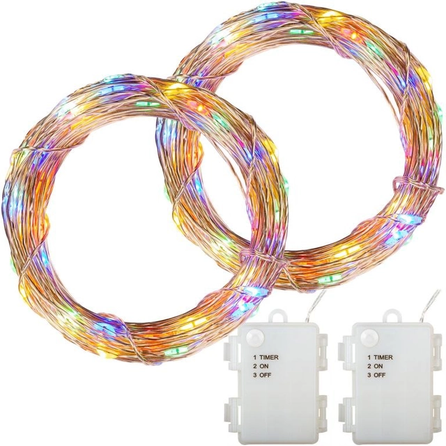 Set of 2 light wires, 200 LEDs, colored, battery