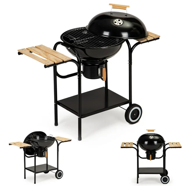 Charcoal garden grill with cover and shelves, grate and ash pan