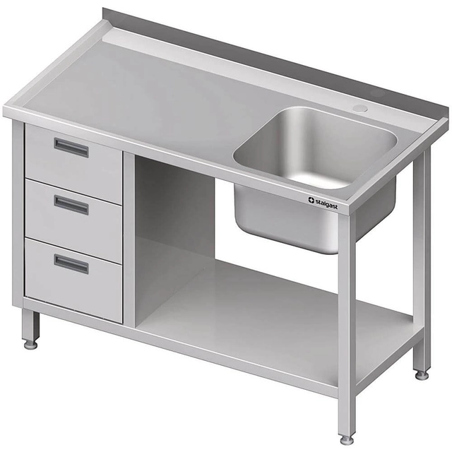 1-port sink table, (P) | with a block of three drawers and a shelf | 1700x700x850 mm