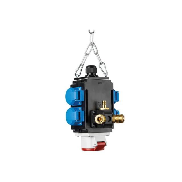 Suspended energy distributor 1 three-phase socket 400V 5 poly 16A IP44 and with 4 schuko single-phase sockets 16A IP44 with compressed air connection