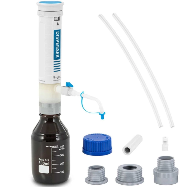 Laboratory bottle dispenser with non-return valve 5-30 x 0.5 ml