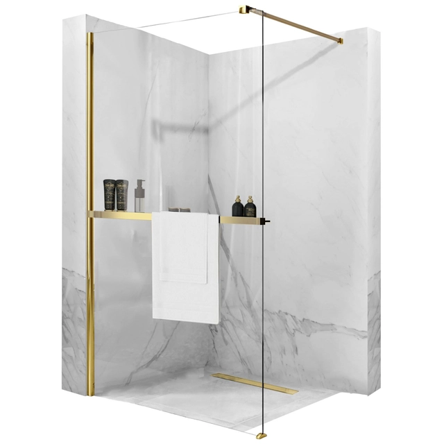 Rea Aero Gold N 80 Walk In shower wall with shelf and Evo hanger