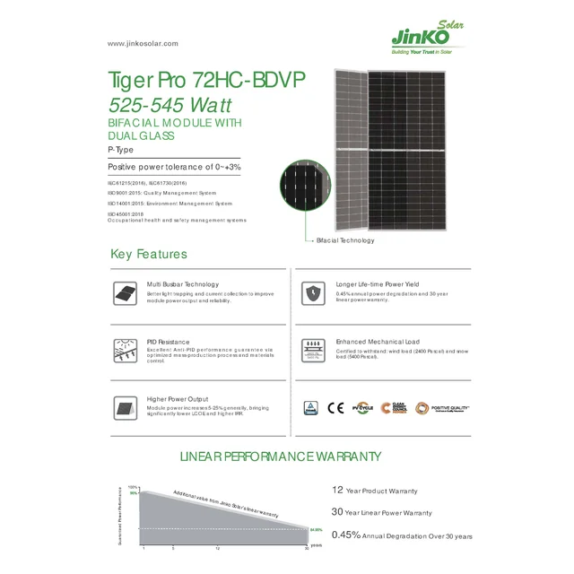 Photovoltaic module PV panel 545Wp JINKO JKM545M-72HL4-BDVP Tiger Pro Bifacial Dual Glass Silver Frame