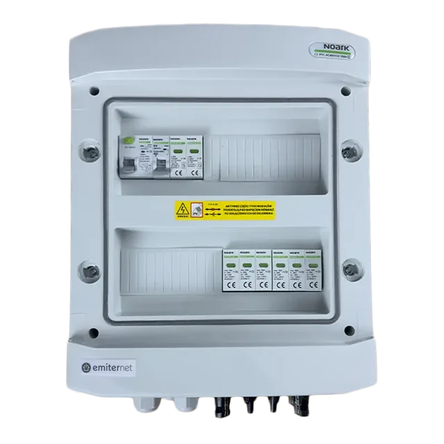 PV switchboard connectionDCAC hermetic IP65 EMITER with DC surge arrester Noark 1000V type 2, 2 x PV chain, 2 x MPPT // limit.AC Noark type 2, 16A 1-F, RCD 40A/300mA