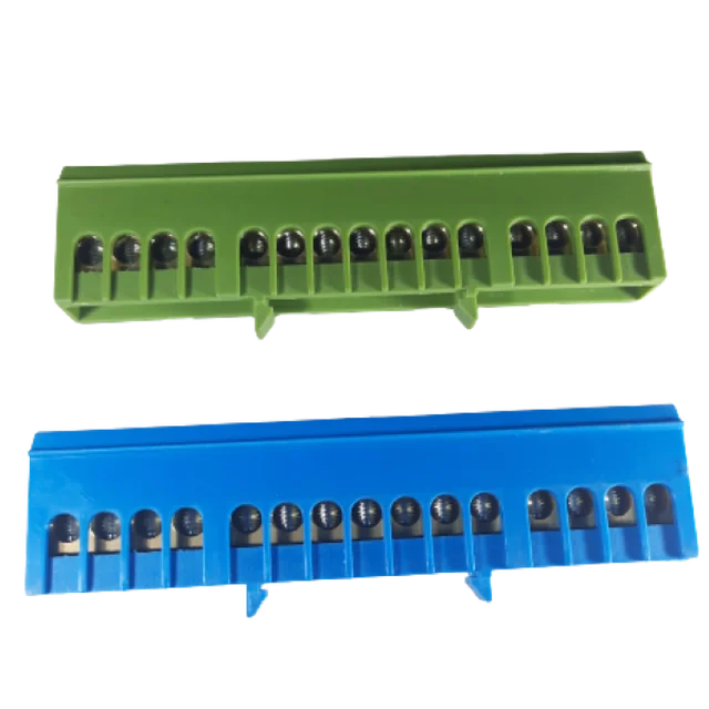 Set of terminal block clamps bars for grounding and neutral blue and green on rail 15 max holes 16mm2 63A isolated