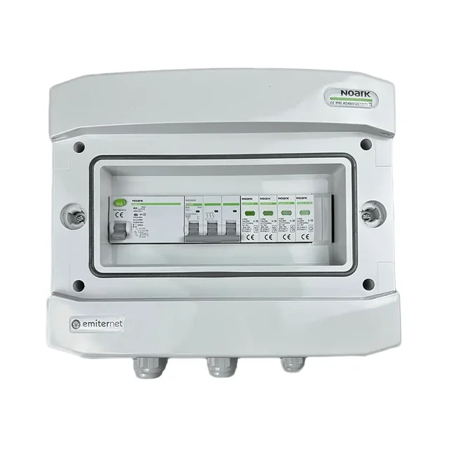 PV switchboard connectionAC hermetic IP65 EMITER with AC surge arrester Noark type 2, 16A 3-F, RCD type A 40A/300mA