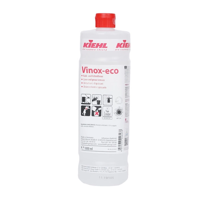 A Kiehl Vinox Eco eltávolítja a vízkövet és a zsírt a mosogatókról és a rozsdamentes acél felületekről űrtartalom: 1 l