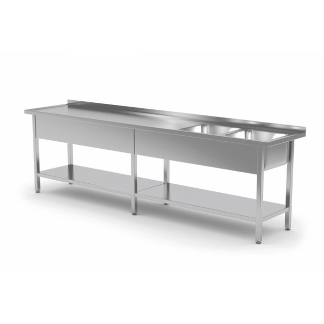 A table with a two-chamber sink and a shelf, reinforced 2200x600x850mm