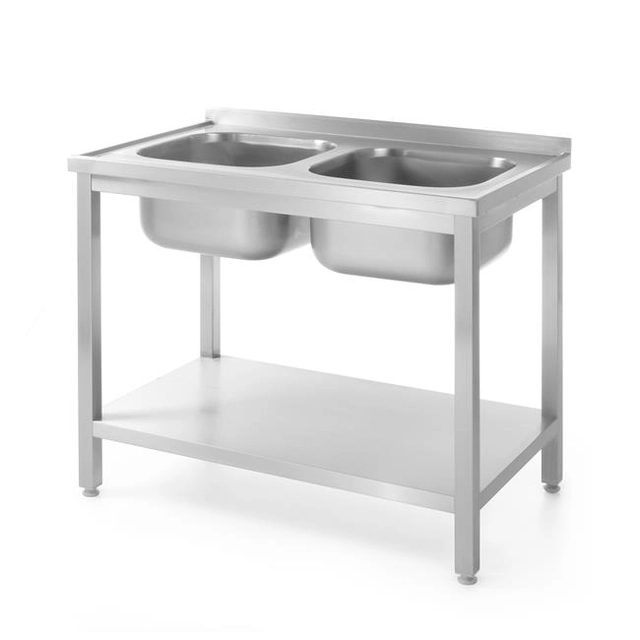 A table with two sinks with a shelf - bolted