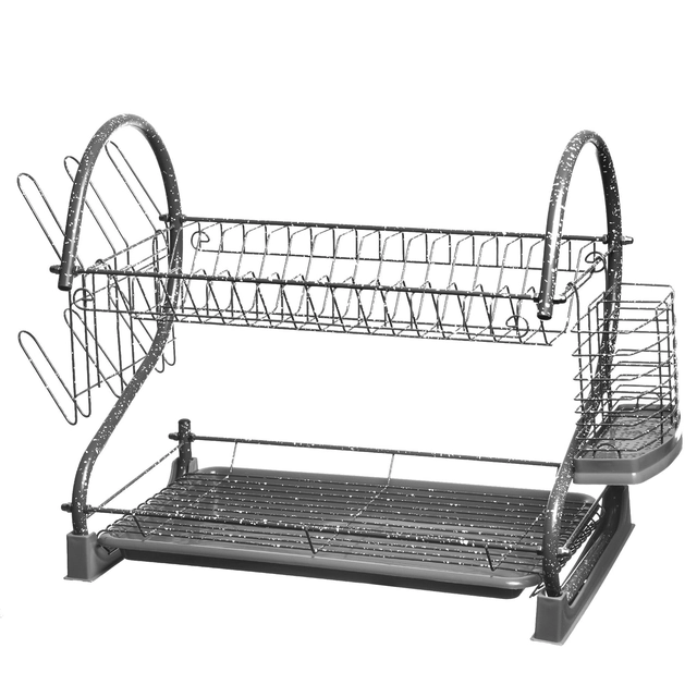 A two-tier steel dish drainer