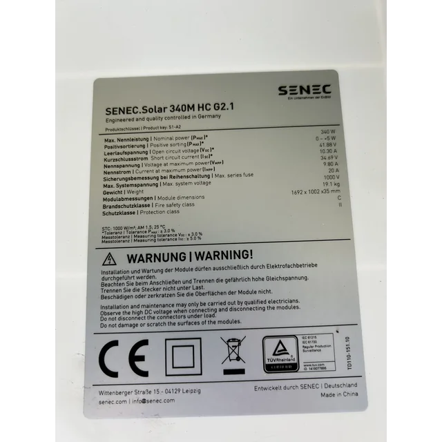 Solar module; PV module; Senec Solar 340M HC G2.1