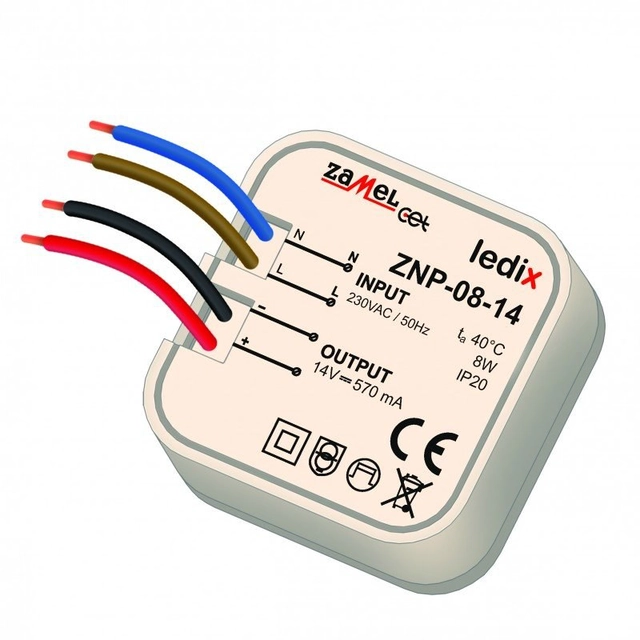 Recessed LED power supply 14V DC 8W, type:ZNP-08-14