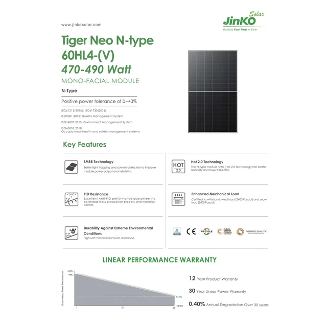 Jinko Solar photovoltaic module 470 470W JKM470-60HL4-V SF