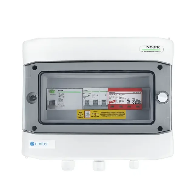 Aansluiting PV-schakelbordAC hermetisch IP65 EMITER met AC-overspanningsafleider Dehn-type 1+2, 32A 3-F, RCD type A 40A/300mA