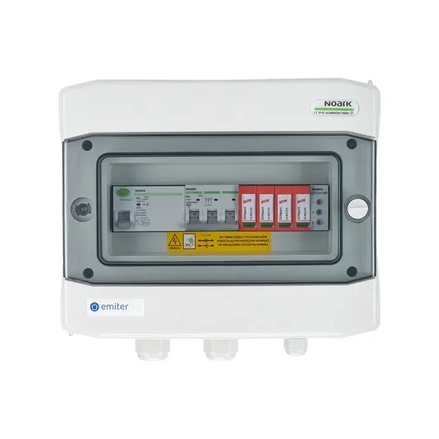 Aansluiting PV-schakelbordAC hermetisch IP65 EMITER met AC overspanningsafleider Dehn type 2, 16A 3-F, RCD type A 40A/300mA, fasesysteem.