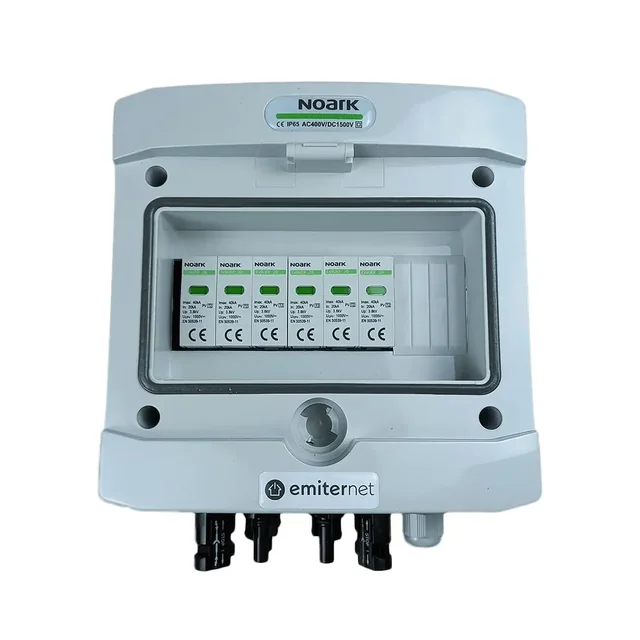 Aansluiting PV-schakelbordDC hermetisch IP65 EMITER met DC-overspanningsafleider Noark 1000V type 2, 2x PV-reeks, 2x MPPT