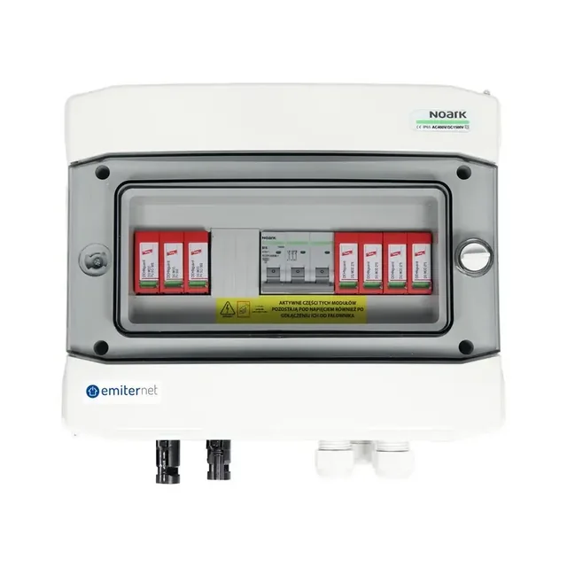 Aansluiting PV-schakelbordDCAC hermetisch IP65 EMITER met DC-overspanningsafleider Dehn 1000V type 2, 1 x PV-keten, 1 x MPPT // limiet.AC Dehn-type 2, 16A 3-F