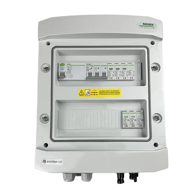 Aansluiting PV-schakelbordDCAC hermetisch IP65 EMITER met DC-overspanningsafleider Noark 1000V type 1+2, 1 x PV-keten, 1 x MPPT // limiet.AC Noark-type 1+2, 10A 3-F, RCD-type A 40A/300mA