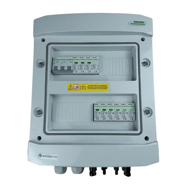 Aansluiting PV-schakelbordDCAC hermetisch IP65 EMITER met DC-overspanningsafleider Noark 1000V type 1+2, 2 x PV-keten, 2 x MPPT // limiet.AC Noark-type 1+2, 16A 3-F