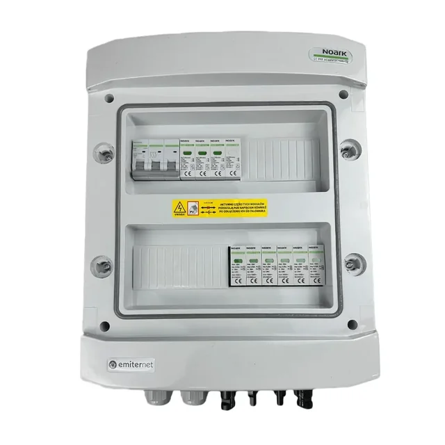 Aansluiting PV-schakelbordDCAC hermetisch IP65 EMITER met DC-overspanningsafleider Noark 1000V type 1+2, 2 x PV-keten, 2 x MPPT // limiet.AC Noark-type 1+2, 20A 3-F