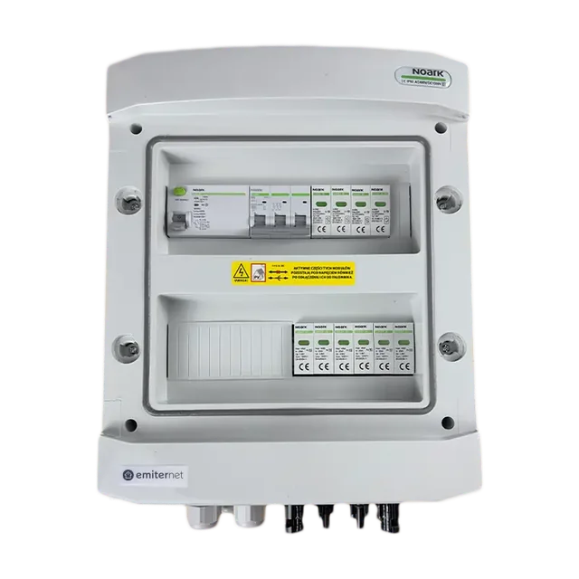 Aansluiting PV-schakelbordDCAC hermetisch IP65 EMITER met DC-overspanningsafleider Noark 1000V type 1+2, 2 x PV-keten, 2 x MPPT // limiet.AC Noark-type 1+2, 20A 3-F, RCD-type A 40A/100mA