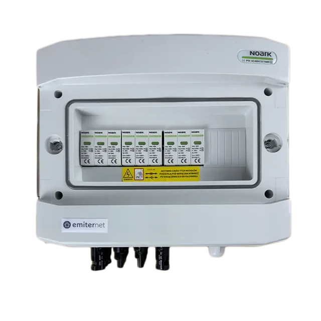 Aansluiting PV-schakelbordDCAC hermetisch IP65 EMITER met DC-overspanningsafleider Noark 1000V type 2, 1 x PV-keten, 1 x MPPT // limiet.AC Noark-type 2, 10A 1-F, RCD 100mA