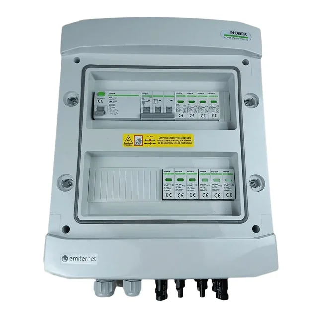 Aansluiting PV-schakelbordDCAC hermetisch IP65 EMITER met DC-overspanningsafleider Noark 1000V type 2, 2 x PV-keten, 2 x MPPT // limiet.AC Noark-type 2, 10A 3-F, RCD-type A 40A/300mA