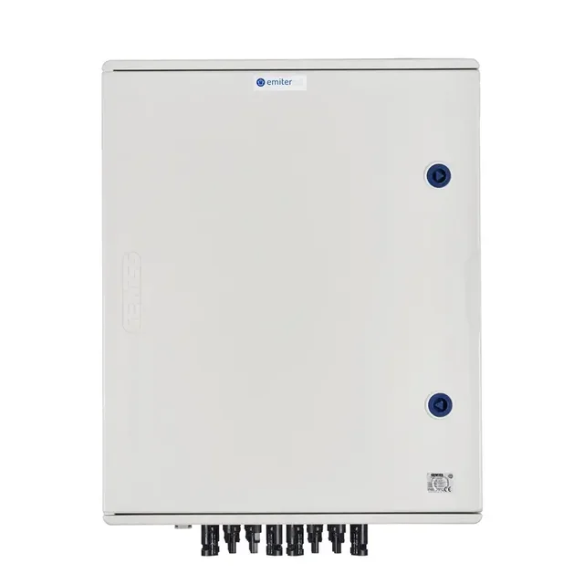 Aansluiting PV-schakelbordDCAC hermetisch IP66 EMITER met DC-overspanningsafleider Noark 1000V type 2, 5 x PV-keten, 5 x MPPT // limiet.AC Noark-type 2, 100A 3-F, FR 100A, fasesignaal + stopcontact