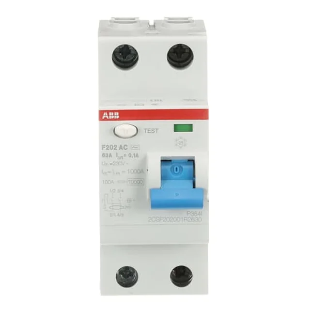 ABB - 2CSF202001R2630, Disjoncteur différentiel - Disjoncteur RCD, 2P 63A 100mA Type AC, F202 AC-63/0.1