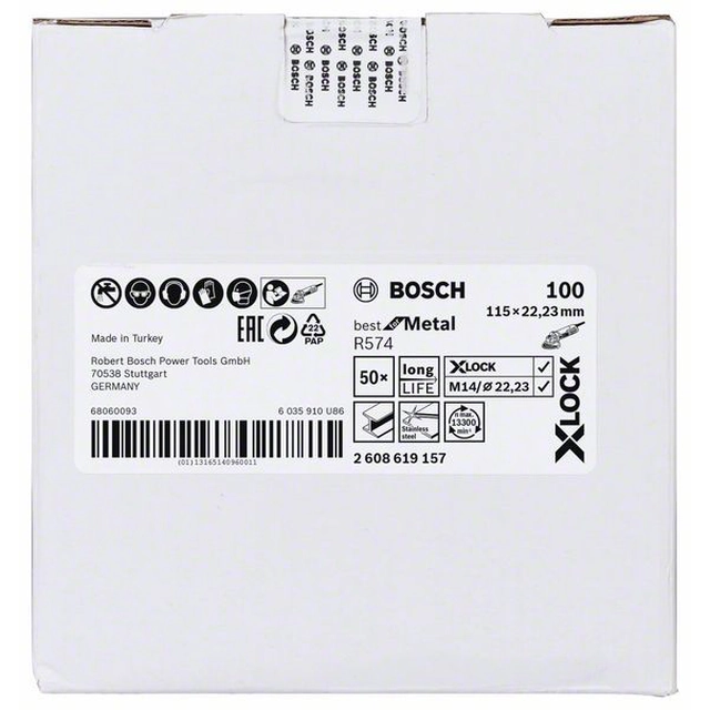 Абразивни дискове от нетъкан текстил BOSCH със система X-LOCK, Ø115 mm, g 100, R574, Най-доброто за метал,1 бр.Д-115 mm-G-100