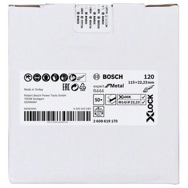 Абразивни дискове от нетъкан текстил BOSCH със система X-LOCK, Ø115 mm, g 120, R444, експерт по метал,1 бр.Д-115 mm-G-120