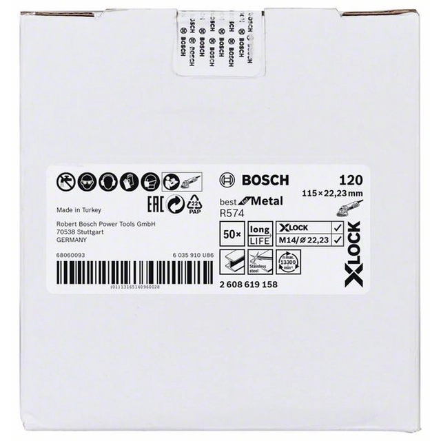Абразивни дискове от нетъкан текстил BOSCH със система X-LOCK, Ø115 mm, g 120, R574, Най-доброто за метал,1 бр.Д-115 mm-G-120