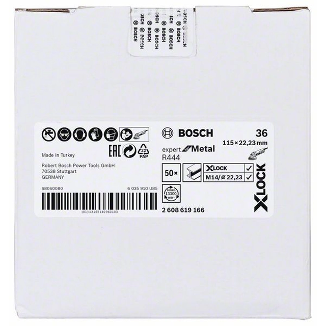 Абразивни дискове от нетъкан текстил BOSCH със система X-LOCK, Ø115 mm, g 36, R444, експерт по метал,1 бр.Д-115 mm-K-36