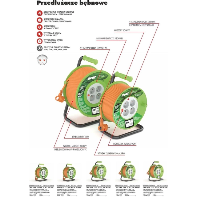 Acar Przedłużacz bębnowy M01803 50m pomarańczowy