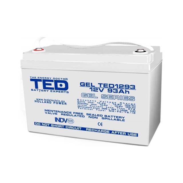 Accumulateur AGM VRLA 12V 93A GEL Deep Cycle 306mm x 167mm x h 212mm F12 M8 TED Battery Expert Holland TED003485 (1)