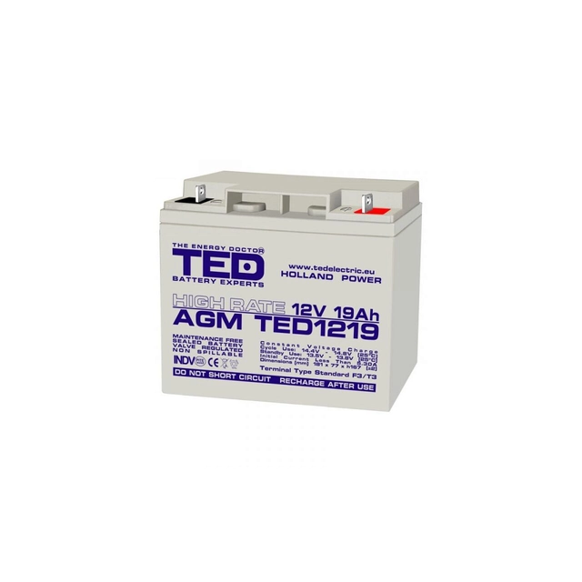 Accumulator AGM VRLA 12V 19A High Rate 181mm x 76mm x h 167mm F3 TED Battery Expert Holland TED002815 (2)
