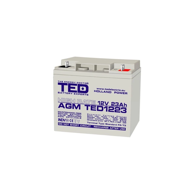 Acumulador AGM VRLA 12V 23A Tasa alta 181mm x 76mm x h 167mm F3 TED Battery Expert Holanda TED003348 (2)