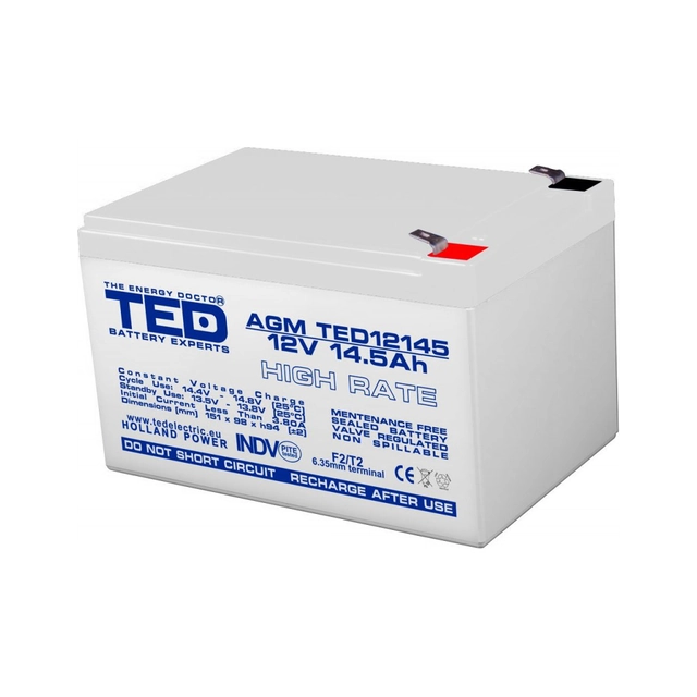 Acumulator AGM VRLA 12V 14,5A High Rate 151mm x 98mm x h 95mm F2 TED Battery Expert Holland TED002792 (4)