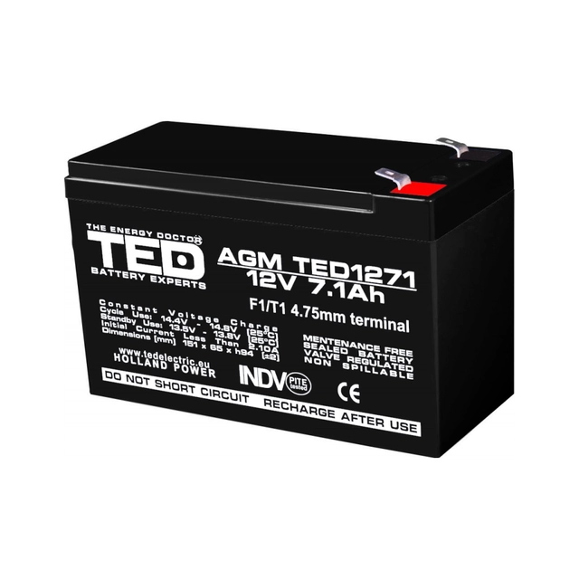 Acumulator AGM VRLA 12V 7,1A dimensiuni 151mm x 65mm x h 95mm F1 TED Battery Expert Holland TED003416 (5)