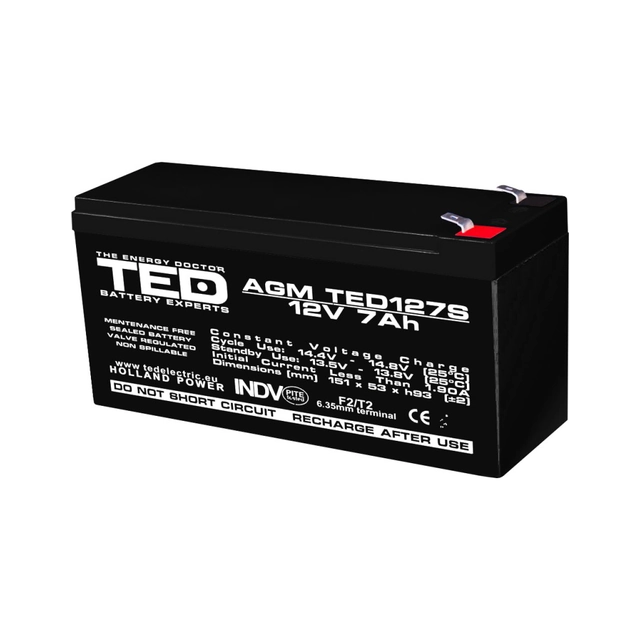 Acumulator AGM VRLA 12V 7Ah dimensiuni speciale 149mm x 49mm x h 95mm F2 TED Battery Expert Holland TED003195 (10)