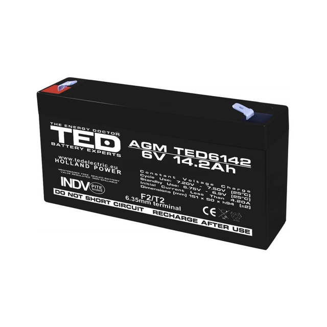 Acumulator AGM VRLA 6V 14,2A dimensiuni 151mm x 50mm x h 95mm F2 TED Battery Expert Holland TED003034 (10)