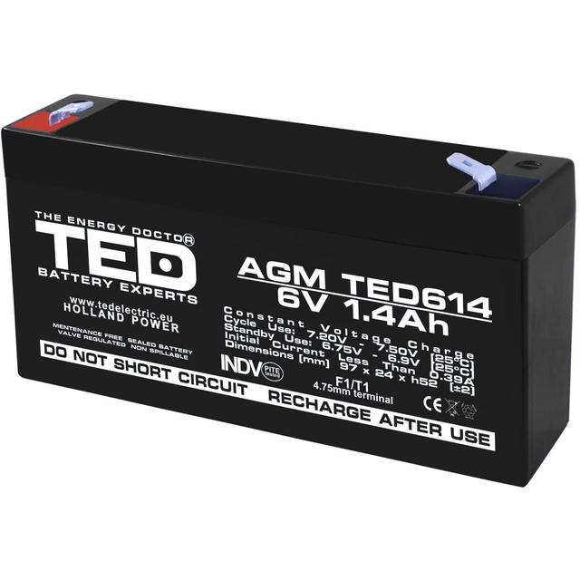 Acumulator AGM VRLA 6V 1,4A dimensiuni 97mm x 25mm x h 54mm F1 TED Battery Expert Holland TED002839 (40)